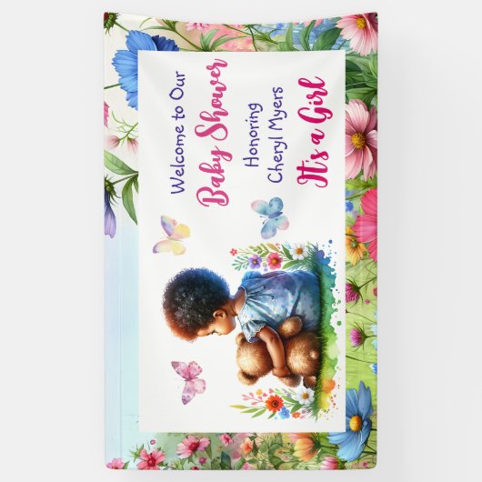 Baby Meisje met haar Teddy Bear Baby shower Welkom Spandoek (Verticaal)