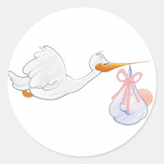 Baby meisje met ooievaar ronde sticker