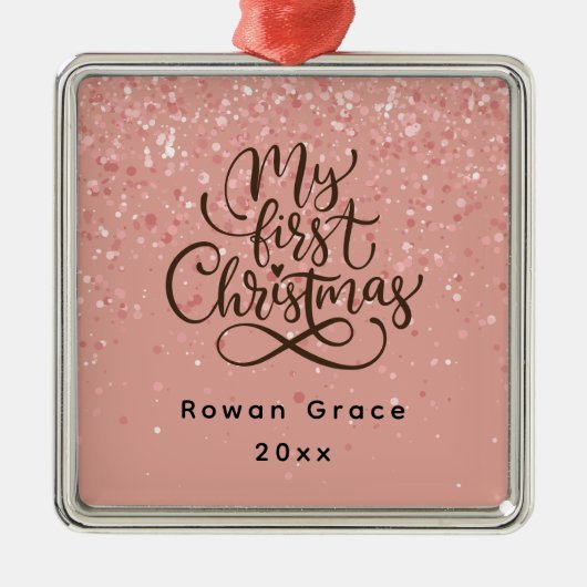 Baby Meisje Mijn Eerste Kerstmis Roze Sparkle Metalen Ornament (Voorkant)