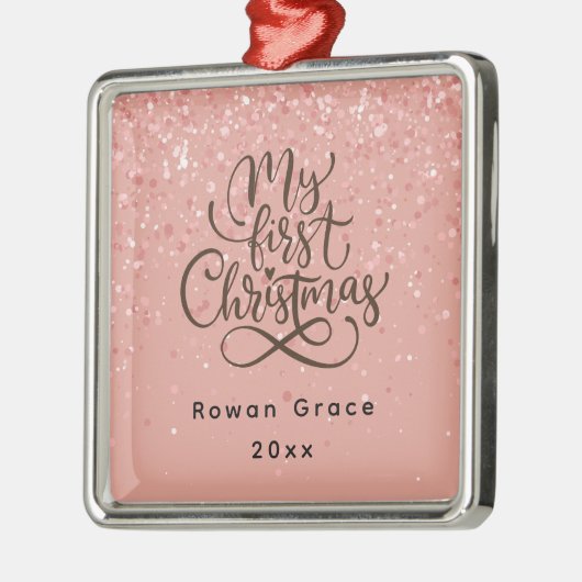 Baby Meisje Mijn Eerste Kerstmis Roze Sparkle Metalen Ornament (Links)