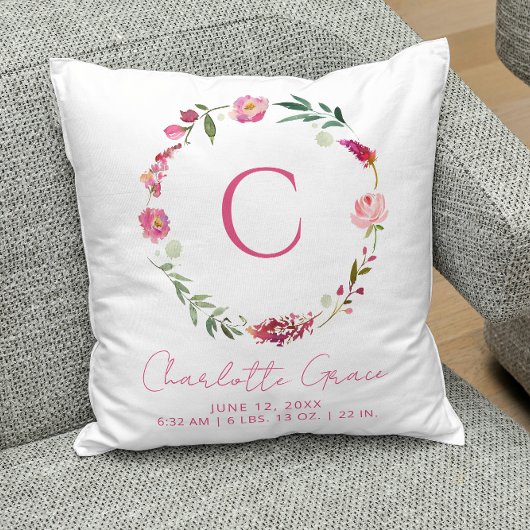 Baby Meisje Monogram Geboorte Stats Roze Bloemen K Kussen