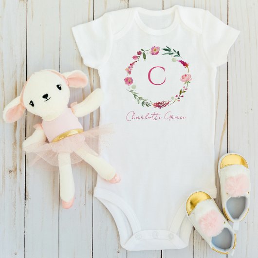 Baby Meisje Monogram Roze Waterverf Bloemen Romper
