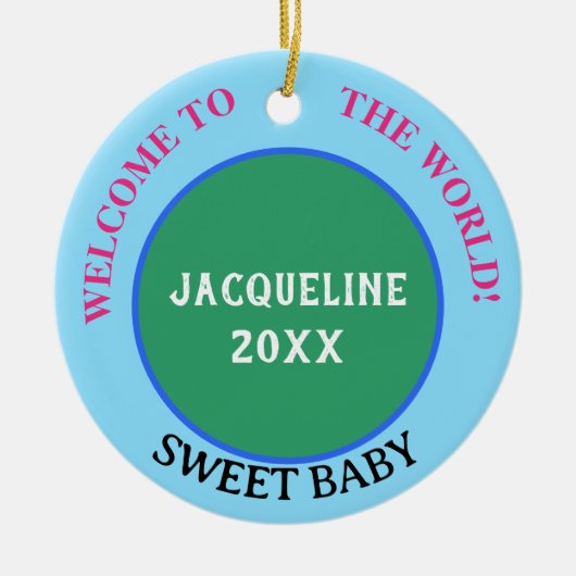 Baby Meisje Naam Aankondiging Aarde Groen Roze Keramisch Ornament (Voorkant)