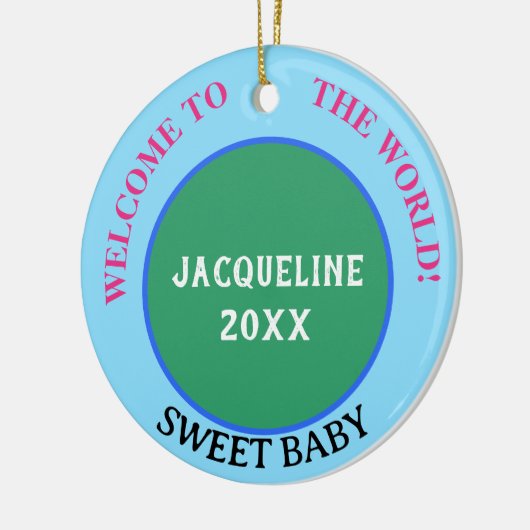 Baby Meisje Naam Aankondiging Aarde Groen Roze Keramisch Ornament (Links)