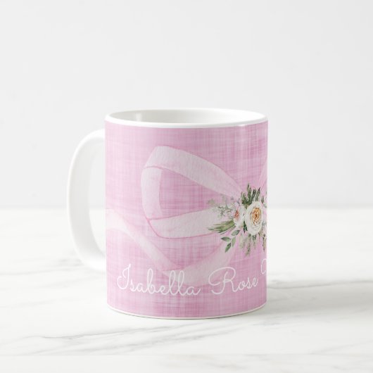 Baby Meisje Naam Pastel Roze Lint Bloemen Zoet Koffiemok (Voorkant links)