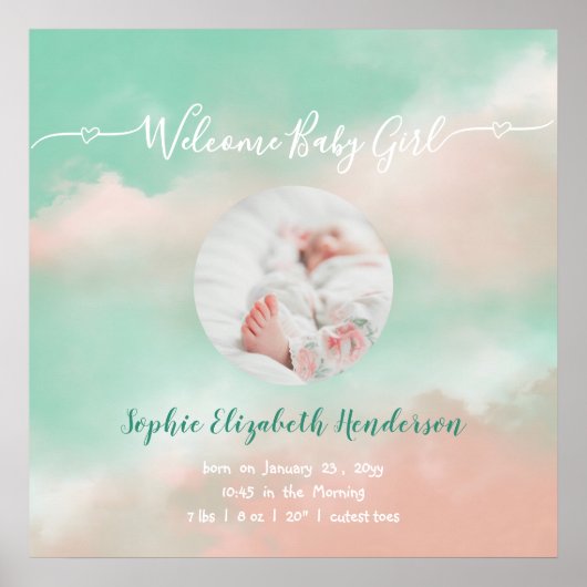 Baby Meisje Naam Script Geboortestatistieken Pasge Poster (Voorkant)