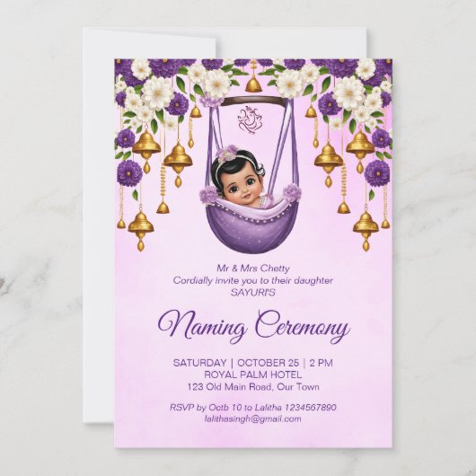Baby Meisje Naming Namkaran Cradle Ceremony paarse Kaart (Voorkant)