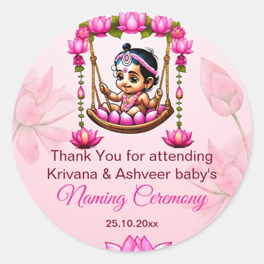 Baby Meisje Naming Namkaran Cradle gunst dank u Ronde Sticker (Voorkant)