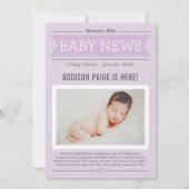 Baby Meisje Nieuws Modern Paarse Foto Geboorte Aankondiging (Voorkant)