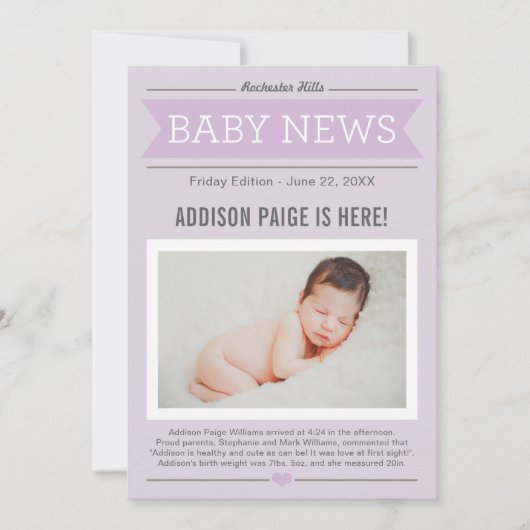 Baby Meisje Nieuws Modern Paarse Foto Geboorte Aankondiging (Voorkant)