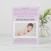Baby Meisje Nieuws Modern Paarse Foto Geboorte Aankondiging (Staand voorkant)