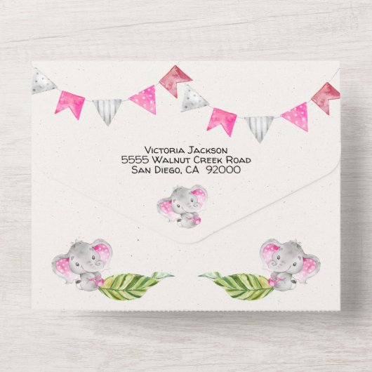 Baby Meisje Oerwoud Olifant Baby shower All In One Uitnodiging (Achterkant)