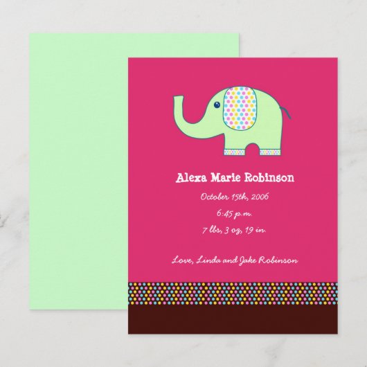 Baby meisje olifant aankondiging (Voorkant / Achterkant)