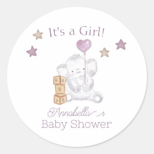 Baby Meisje Olifant en Schattigee Ballon Waterverf Ronde Sticker