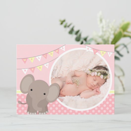 Baby meisje olifant foto geboorte aankondiging (Staand voorkant)