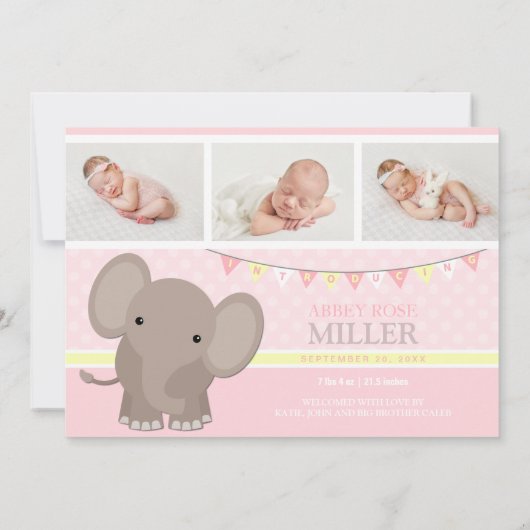 Baby meisje olifant foto geboorte aankondiging (Achterkant)