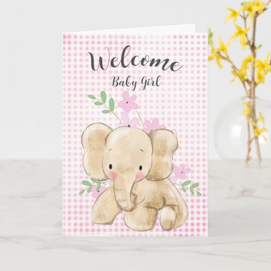 Baby Meisje Olifant Gefeliciteerd Kaart (Gele Bloem)