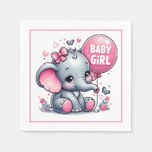 Baby Meisje Olifant met ballon, bloemen Servet (Voorkant)