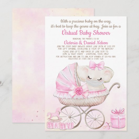 Baby meisje olifant met masker zoom Baby shower Kaart (Voorkant / Achterkant)
