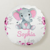 Baby Meisje Olifant Naam Custom Gift Roze Bloemen Rond Kussen (Voorkant)
