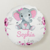 Baby Meisje Olifant Naam Custom Gift Roze Bloemen Rond Kussen (Achterkant)