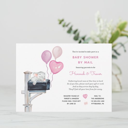 Baby Meisje Olifant op Mailbox Douche per Mail Kaart (Staand voorkant)