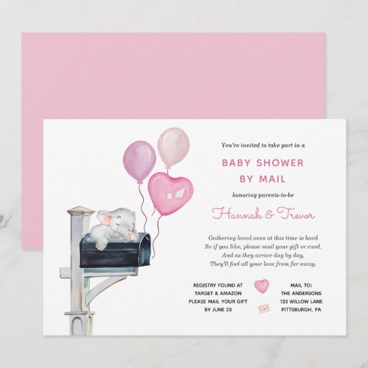 Baby Meisje Olifant op Mailbox Douche per Mail Kaart (Voorkant / Achterkant)