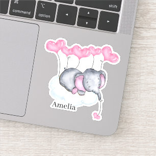 Baby Meisje Olifant op Wolk met Roze Harten Vinyl Sticker