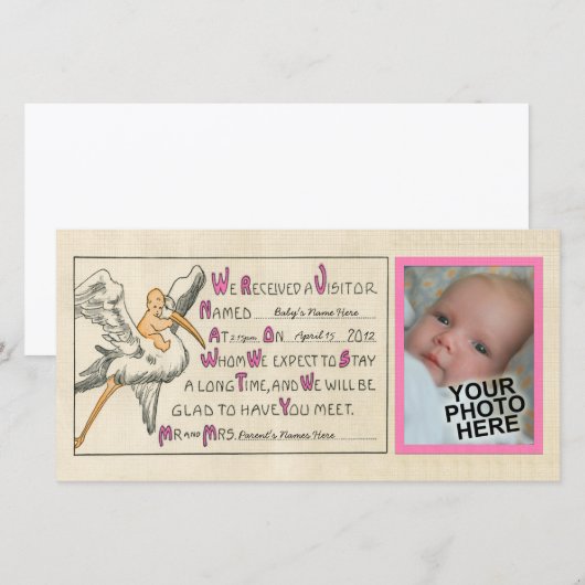  Baby Meisje & Ooievaar Geboorteaankondiging Roze Aankondiging (Voorkant / Achterkant)