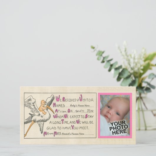 Baby Meisje & Ooievaar Geboorteaankondiging Roze Aankondiging (Staand voorkant)