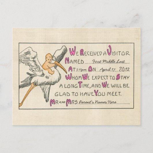  Baby Meisje & Ooievaar Geboorteaankondiging Roze Aankondigingskaart (Voorkant)