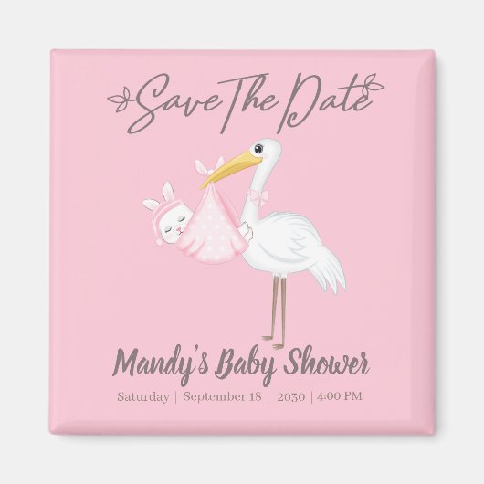 Baby Meisje Ooievaar Roze Shower Bewaar de Datum Magneet (Voorkant)