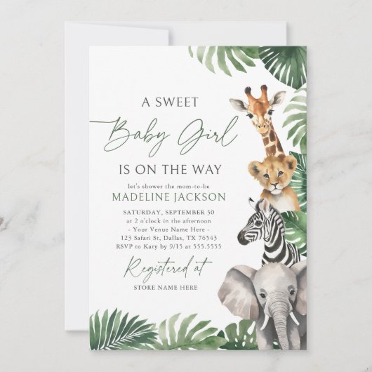 Baby meisje op de weg Safari Baby shower uitnodigi Kaart (Voorkant)
