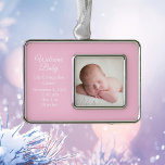 Baby Meisje Pasgeboren Foto Roze Keepsake Gift Verzilverd Omlijst Ornament<br><div class="desc">Voeg je prachtige baby foto toe op deze leuke baby foto,  een kerstgeschenk met witte typografie. Pas de geboortegegevens van je pasgeborene onder het afbeelding aan.  roze keepaard.</div>