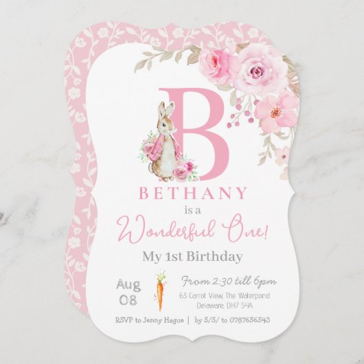 Baby meisje peter konijn 1e verjaardag, roze monog kaart (Voorkant / Achterkant)