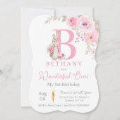 Baby meisje peter konijn 1e verjaardag, roze monog kaart (Voorkant)