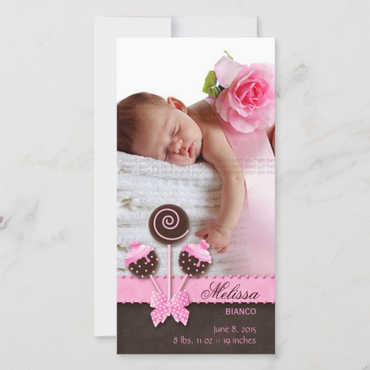 Baby Meisje Photocard Aankondiging Cake Pops Roze (Voorkant)
