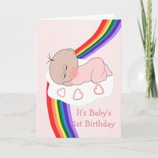Baby Meisje Regenboog 1e Verjaardag Kaart (Voorkant)