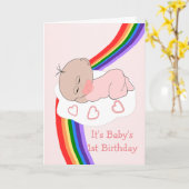 Baby Meisje Regenboog 1e Verjaardag Kaart (Gele Bloem)