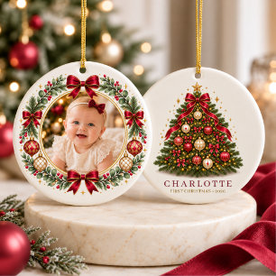 Baby Meisje Rood Eerste Kerst Boog Foto Keramisch Ornament