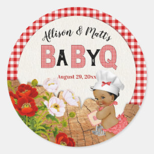 Baby Meisje Rood Geruite Hout Bloem Baby Q BBQ Ronde Sticker
