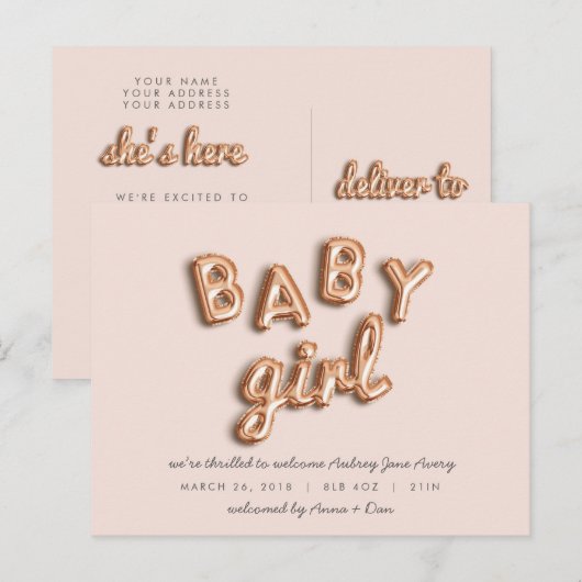 Baby meisje! Roos goud/ROZE briefkaart. Aankondigingskaart (Voorkant / Achterkant)