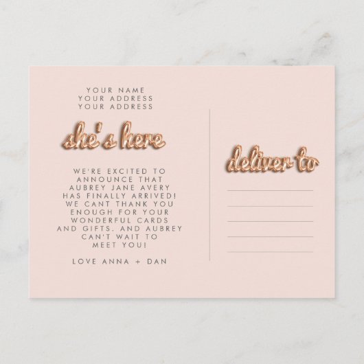 Baby meisje! Roos goud/ROZE briefkaart. Aankondigingskaart (Achterkant)