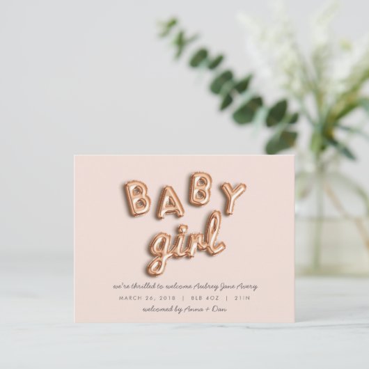 Baby meisje! Roos goud/ROZE briefkaart. Aankondigingskaart (Staand voorkant)
