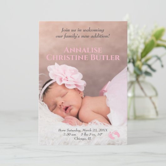 Baby Meisje Roze Baby Voeten Geboortefoto Aankondiging (Staand voorkant)