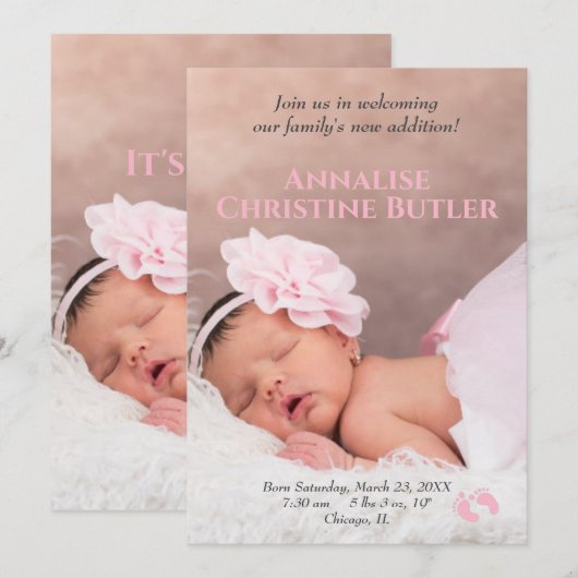 Baby Meisje Roze Baby Voeten Geboortefoto Aankondiging (Voorkant / Achterkant)