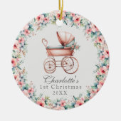 Baby Meisje Roze Bloemen Eerste Kerstmis Kinderwag Keramisch Ornament (Voorkant)
