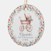 Baby Meisje Roze Bloemen Eerste Kerstmis Kinderwag Keramisch Ornament (Links)