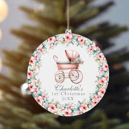 Baby Meisje Roze Bloemen Eerste Kerstmis Kinderwag Keramisch Ornament