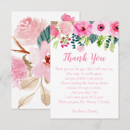 Baby Meisje Roze Bloemendouche Dank je kaart (Voorkant / Achterkant)